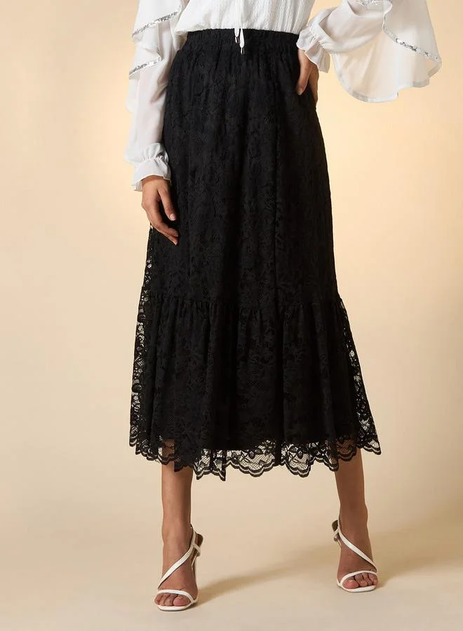 2Xtremz 2Xtremz Lace Textured A-Line Midi Skirt with Elasticated Waistband