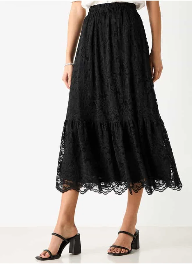 2Xtremz 2Xtremz Lace Textured A-Line Midi Skirt with Elasticated Waistband