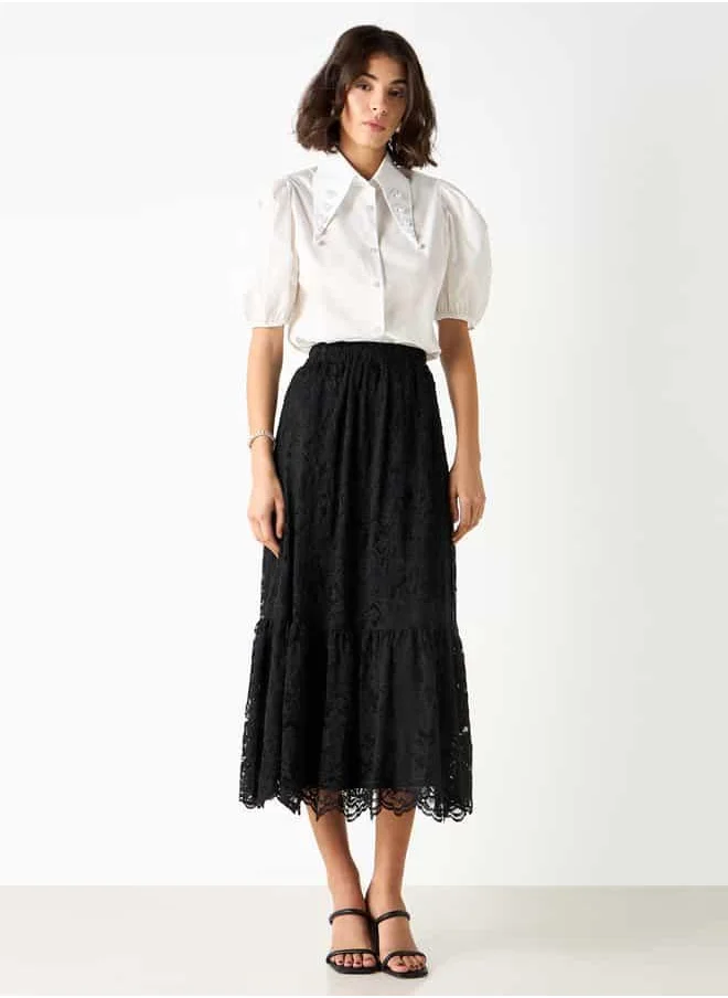 2Xtremz 2Xtremz Lace Textured A-Line Midi Skirt with Elasticated Waistband