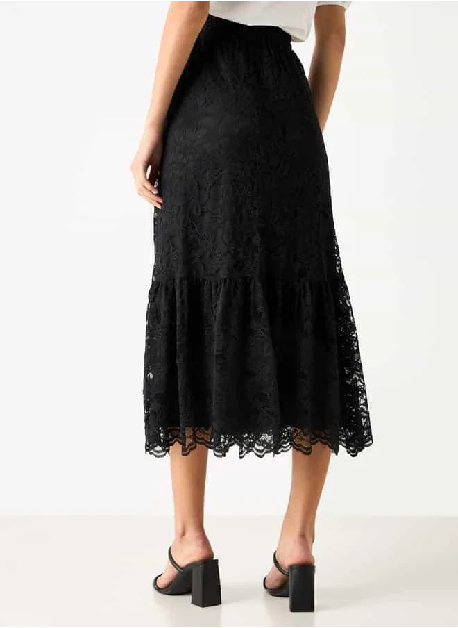 2Xtremz 2Xtremz Lace Textured A-Line Midi Skirt with Elasticated Waistband