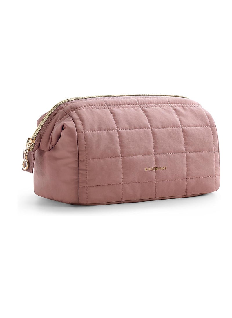 BAGSMART - BAGSMART Makeup Bag Travel Toiletry Bag, Puffy Padded Make Up Bags for Women Makeup Organizer Case, Wide-open Pouch Purse Travel Essentials Toiletries Accessories Brushes, Dark Pink - Image 1