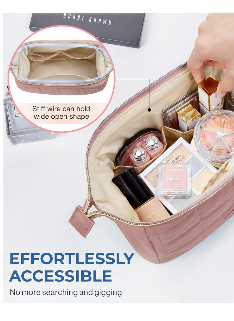 BAGSMART - BAGSMART Makeup Bag Travel Toiletry Bag, Puffy Padded Make Up Bags for Women Makeup Organizer Case, Wide-open Pouch Purse Travel Essentials Toiletries Accessories Brushes, Dark Pink - Image 1