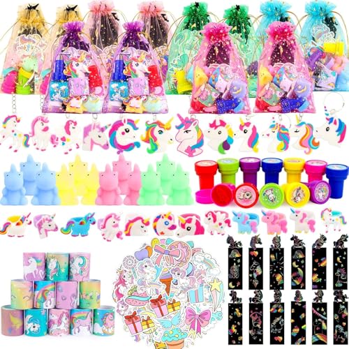ANPHILE Unicorn Party Favors 134 Pcs Unicorn Birthday Party Decorations Goodie Bags Keychains Slap Bracelets Stickers Rings Pinata Fillers for Birthday Party - Image 1