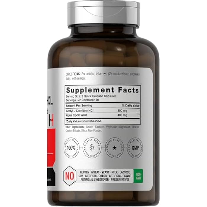 Horbäach Acetyl L Carnitine HCL & Alpha Lipoic Acid 1200mg | 120 Capsules | ALC ALA Complex | Non-GMO & Gluten Free Supplement - Image 2