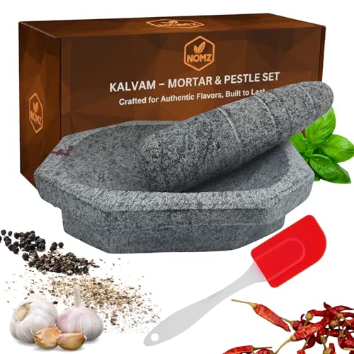 NOMZ Stone Mortar and Pestle Set (Kalvam) 7 Inch, 2.5 Kg, 3/4 Cup | Handmade Silbatta for Chutney and Masala | Heavy Duty Khalbatta with Anti-Skid Base - Image 1
