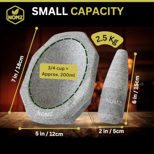 NOMZ Stone Mortar and Pestle Set (Kalvam) 7 Inch, 2.5 Kg, 3/4 Cup | Handmade Silbatta for Chutney and Masala | Heavy Duty Khalbatta with Anti-Skid Base - Image 4