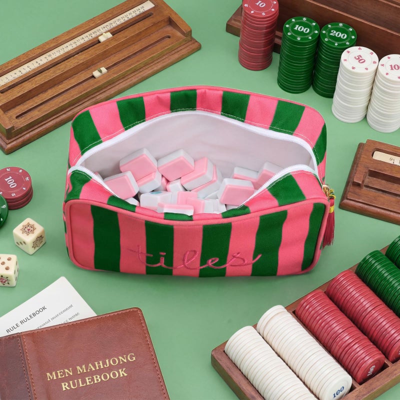 Sanwuta Mahjong Tile Bag with Zipper, Mahjong Storage Pouch Mah Jong Bags for Tiles Board Game Pieces Game Party Travel Gatherings Accessories, 8.46 x 5.51 x 3.54 Inch(Pink, Green,Classic) - Image 5