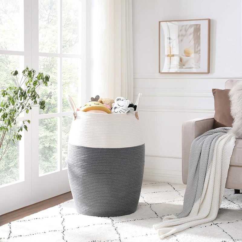 Mixen MIXEN Large Laundry Hamper Tall Wicker Hamper Laundry Basket Soft Cotton Rope Woven Hamper Farmhouse Design Graceful Curve Basket 60cm Height - Image 3