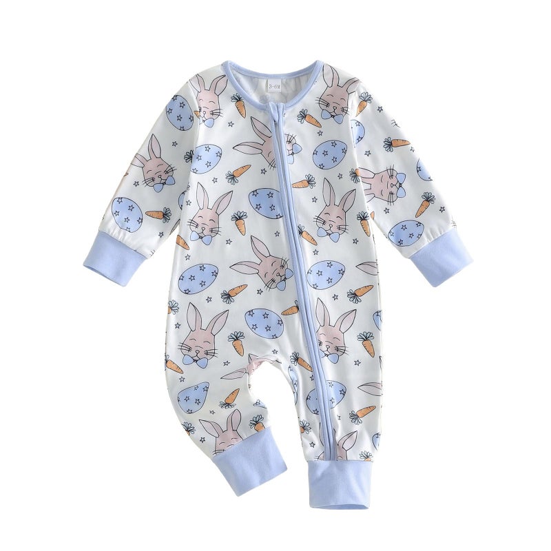 Karuedoo Newborn Infant Baby Boy Girl Easter Outfit Bunny Carrot Print Zipper Long Sleeve Romper Jumpsuit One-Piece Outfit (A-Blue, 3-6 Months) - Image 1
