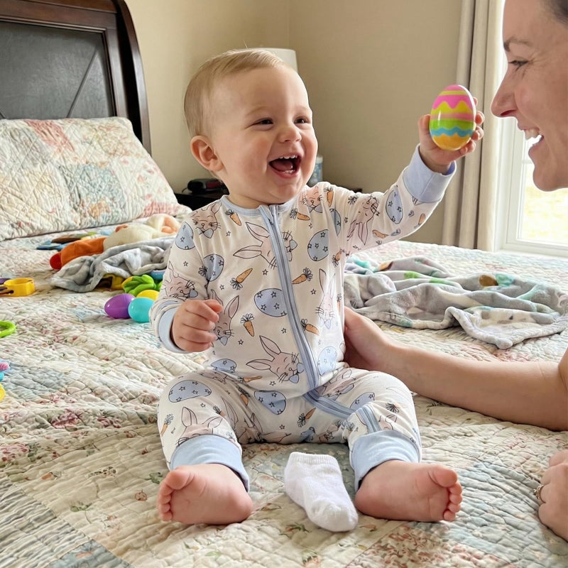 Karuedoo Newborn Infant Baby Boy Girl Easter Outfit Bunny Carrot Print Zipper Long Sleeve Romper Jumpsuit One-Piece Outfit (A-Blue, 3-6 Months) - Image 3
