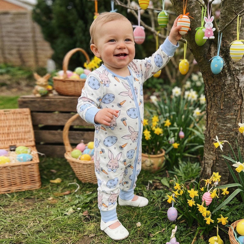 Karuedoo Newborn Infant Baby Boy Girl Easter Outfit Bunny Carrot Print Zipper Long Sleeve Romper Jumpsuit One-Piece Outfit (A-Blue, 3-6 Months) - Image 5