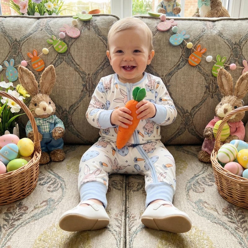Karuedoo Newborn Infant Baby Boy Girl Easter Outfit Bunny Carrot Print Zipper Long Sleeve Romper Jumpsuit One-Piece Outfit (A-Blue, 3-6 Months) - Image 2