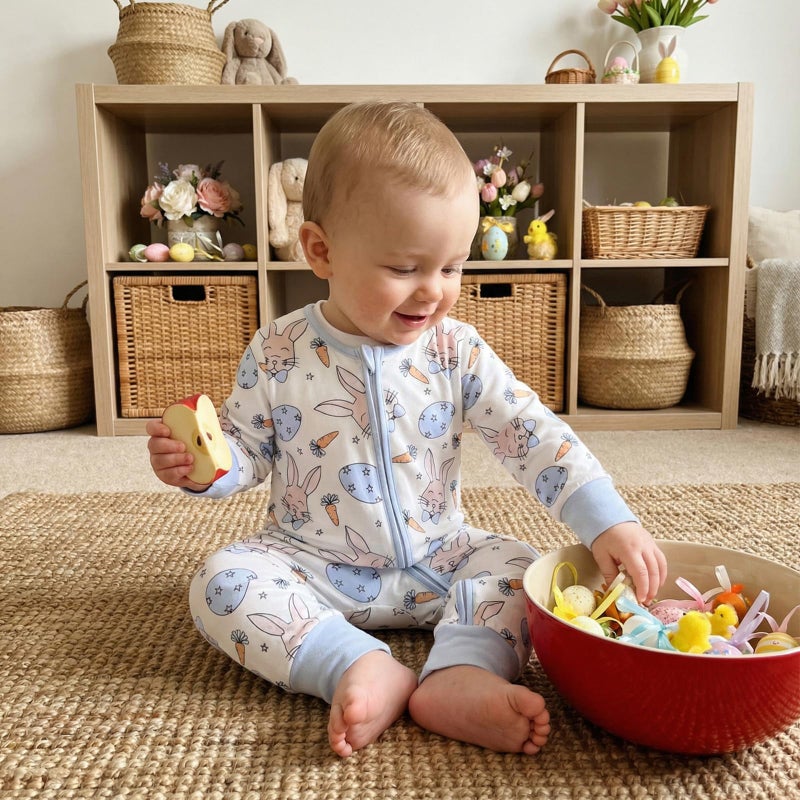 Karuedoo Newborn Infant Baby Boy Girl Easter Outfit Bunny Carrot Print Zipper Long Sleeve Romper Jumpsuit One-Piece Outfit (A-Blue, 3-6 Months) - Image 4