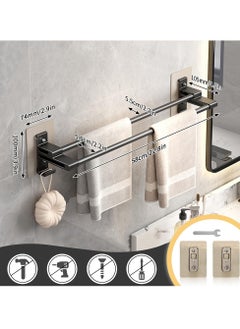 Towel Rail, 58cm Self Adhesive Towel Holder with Anti Rust Aluminium, 2 Tier Double Rod Towel Shelf Bar with 2 Hooks, No Drilling Required, Wall Mounted, for Bathroom, Kitchen, Shower, Black - pzsku/Z7D262BE55D7CDF3224DBZ/45/_/1713182039/11049f08-7cb3-4b1e-b6cb-87dee68c99d9