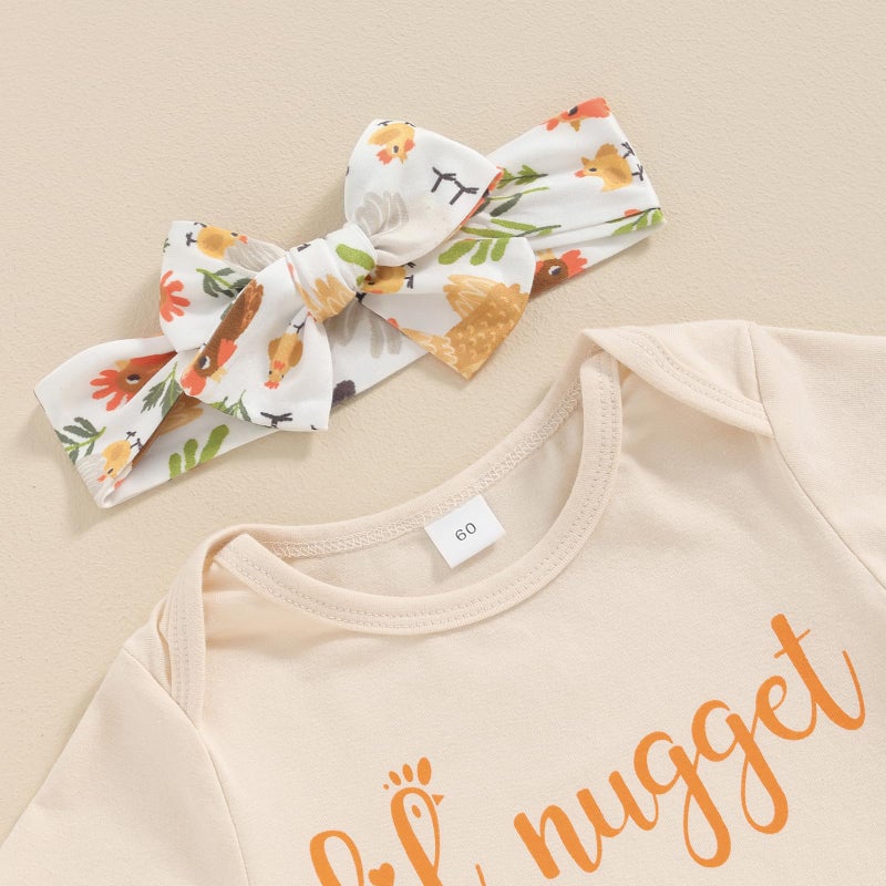 Karuedoo Newborn Baby Girl Farm Outfits Letter Print Short Sleeve Romper Chicken Flared Pants Headband 3Pcs Outfits Sets(B-Apricot, 12-18 Months) - Image 4