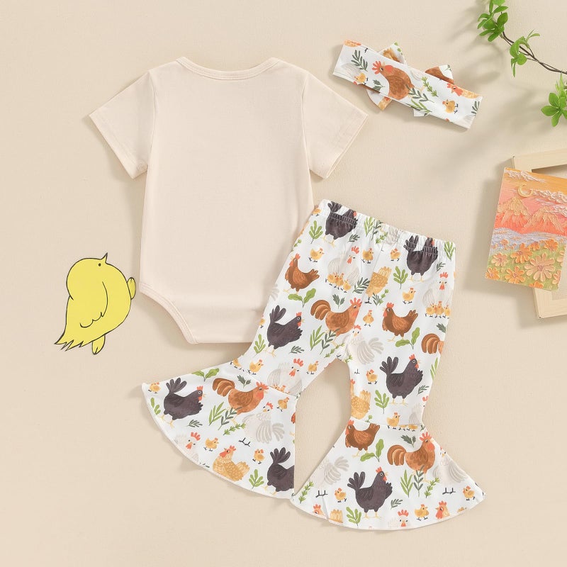 Karuedoo Newborn Baby Girl Farm Outfits Letter Print Short Sleeve Romper Chicken Flared Pants Headband 3Pcs Outfits Sets(B-Apricot, 12-18 Months) - Image 3