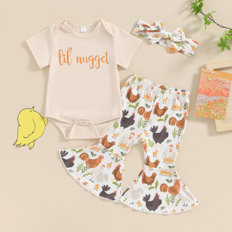 Karuedoo Newborn Baby Girl Farm Outfits Letter Print Short Sleeve Romper Chicken Flared Pants Headband 3Pcs Outfits Sets(B-Apricot, 12-18 Months) - Image 2