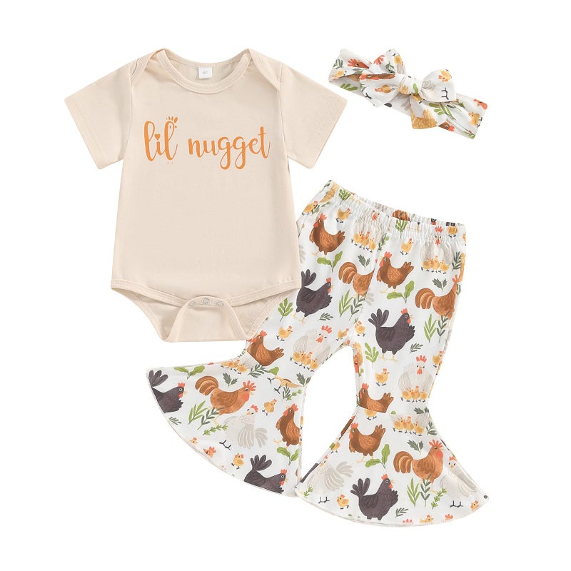 Karuedoo Newborn Baby Girl Farm Outfits Letter Print Short Sleeve Romper Chicken Flared Pants Headband 3Pcs Outfits Sets(B-Apricot, 12-18 Months) - Image 1