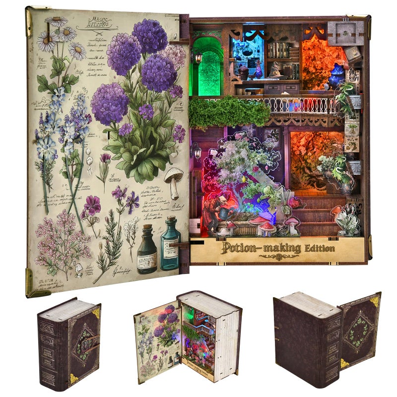 CCCDF Book Nook Kit DIY Miniature Dollhouse Booknook Kit 3D Wooden Puzzle for Teens and Adults Bookend Bookshelf Insert Decor with LED Light PotionMaking Edition - Image 3