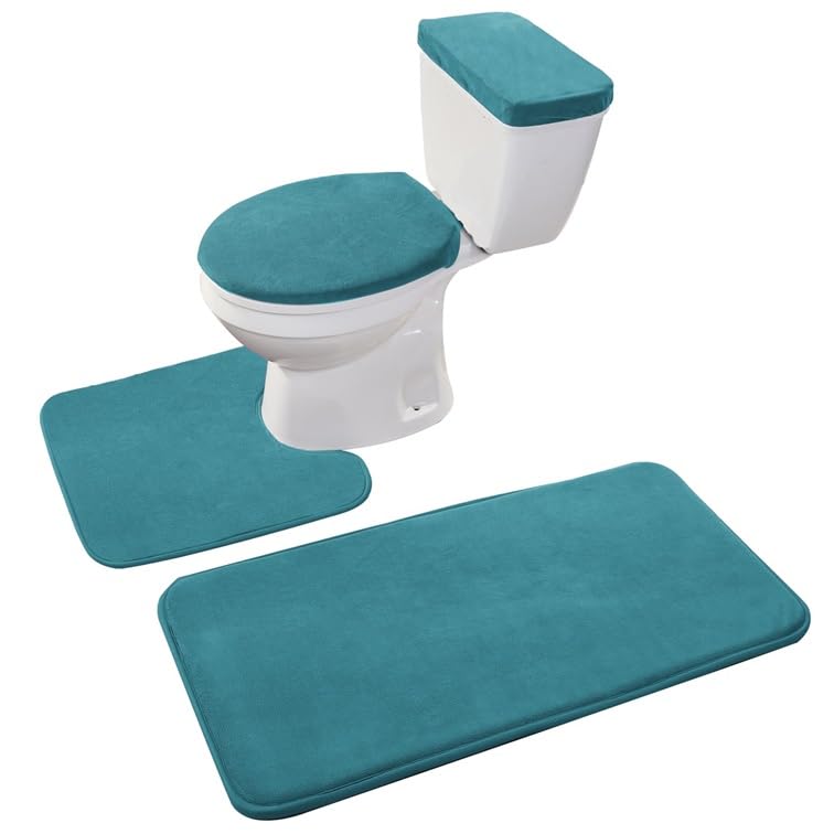 Madeals Memory Foam Bathroom Toilet Rug Set 4 Piece with Toilet Lid Cover and Tank Covers Teal Blue - Image 1