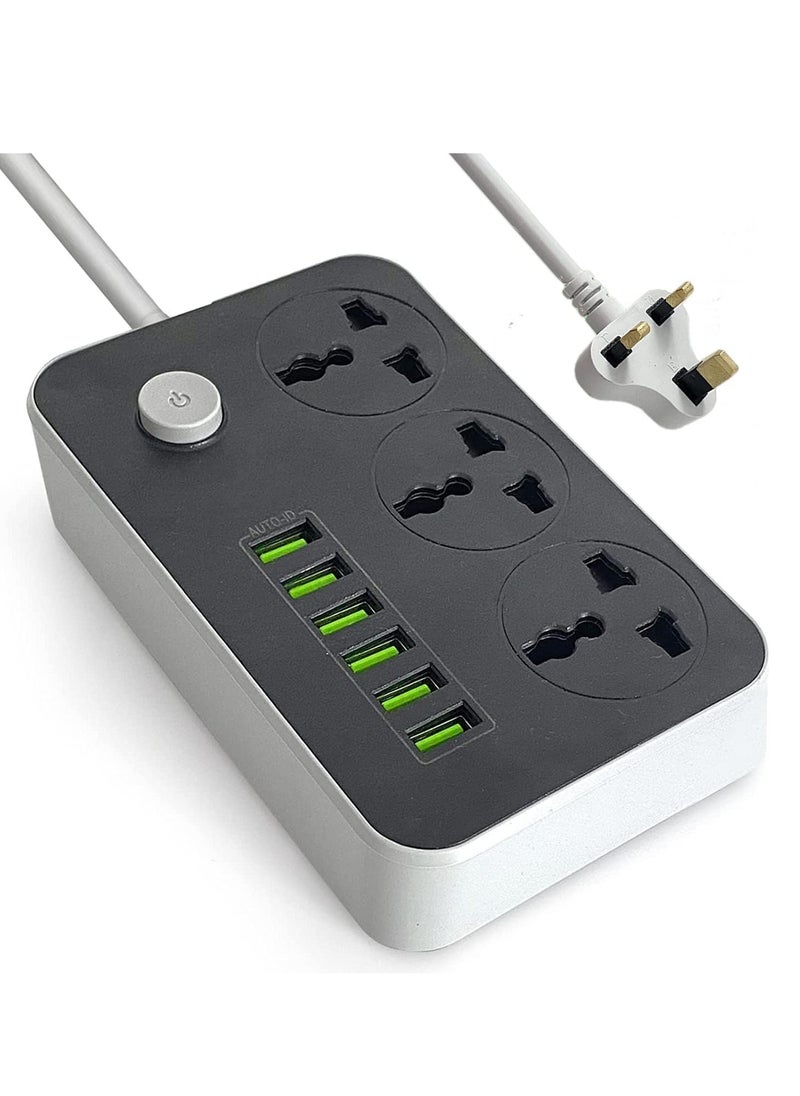 Generic - 3 Power Socket With 6 USB Extension Universal Charging Socket for Home Office Travel Gaming & DIY Multiple Device Charging Extension Socket - Image 1