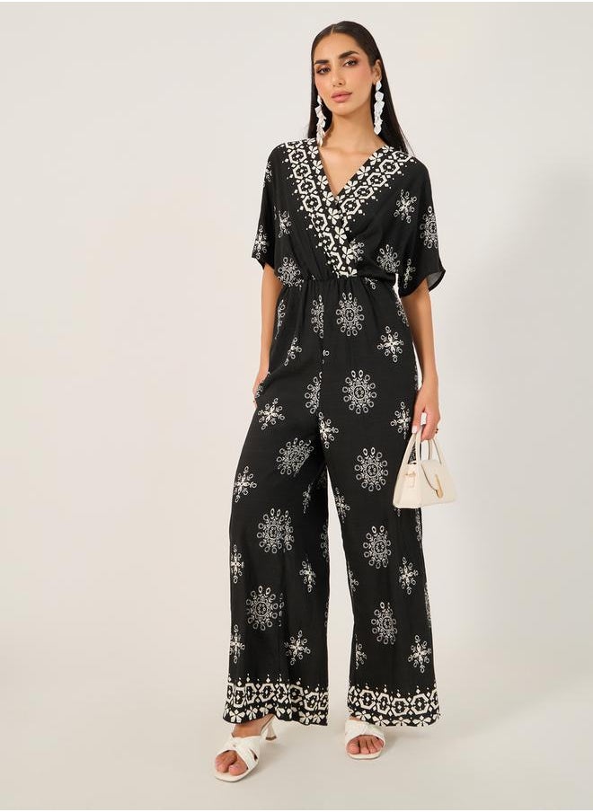 Styli Printed V Neck Short Sleeve Jumpsuit  - Image 1