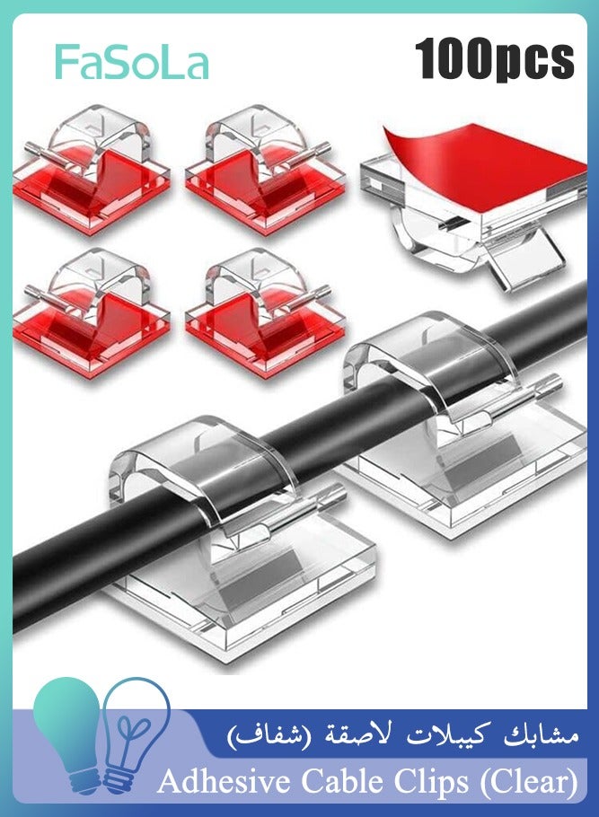 Fasola 100 Pack Adhesive Cable Clips, Upgraded Cord Organizer with Strong Adhesive, Under Desk and Wall Wire Management System for LED Light Strips, Extension Cords, Home Theater Setup (Clear Large) - Image 1