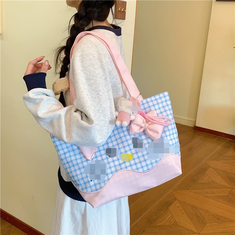Cute Checkered Cat Print Large Capacity Tote Bag for Women - Image 1