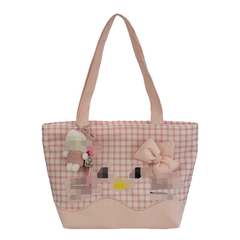 Cute Checkered Cat Print Large Capacity Tote Bag for Women - Image 5