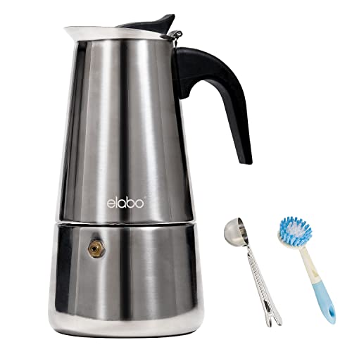 elabo Stovetop Espresso Machine and Moka Pot for Gas or Electric Ceramic Stovetop, Italian Espresso Coffee Shot Maker for Italian Espresso, Cappuccino and Latte, Stainless Steel 304, 10 Cups - Image 1