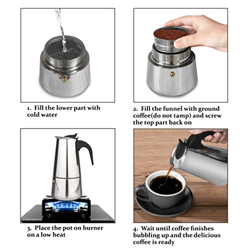 elabo Stovetop Espresso Machine and Moka Pot for Gas or Electric Ceramic Stovetop, Italian Espresso Coffee Shot Maker for Italian Espresso, Cappuccino and Latte, Stainless Steel 304, 10 Cups - Image 5