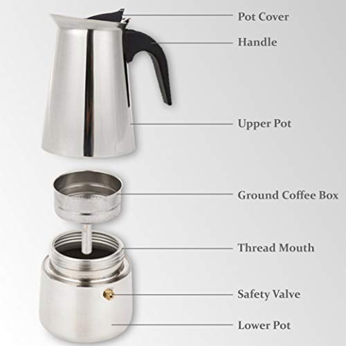 elabo Stovetop Espresso Machine and Moka Pot for Gas or Electric Ceramic Stovetop, Italian Espresso Coffee Shot Maker for Italian Espresso, Cappuccino and Latte, Stainless Steel 304, 10 Cups - Image 4