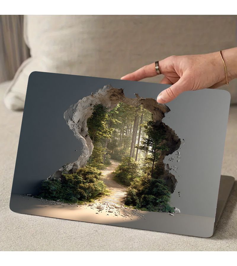 2 Pack Forest Wall Laptop Stickers PVC Anti Scratch Beige Wood Grain Green Leaves Decals 2D 3D Illusion Nature Design Suitable For Laptops Easy To Tear And Stick Protective Case For Women - Image 5