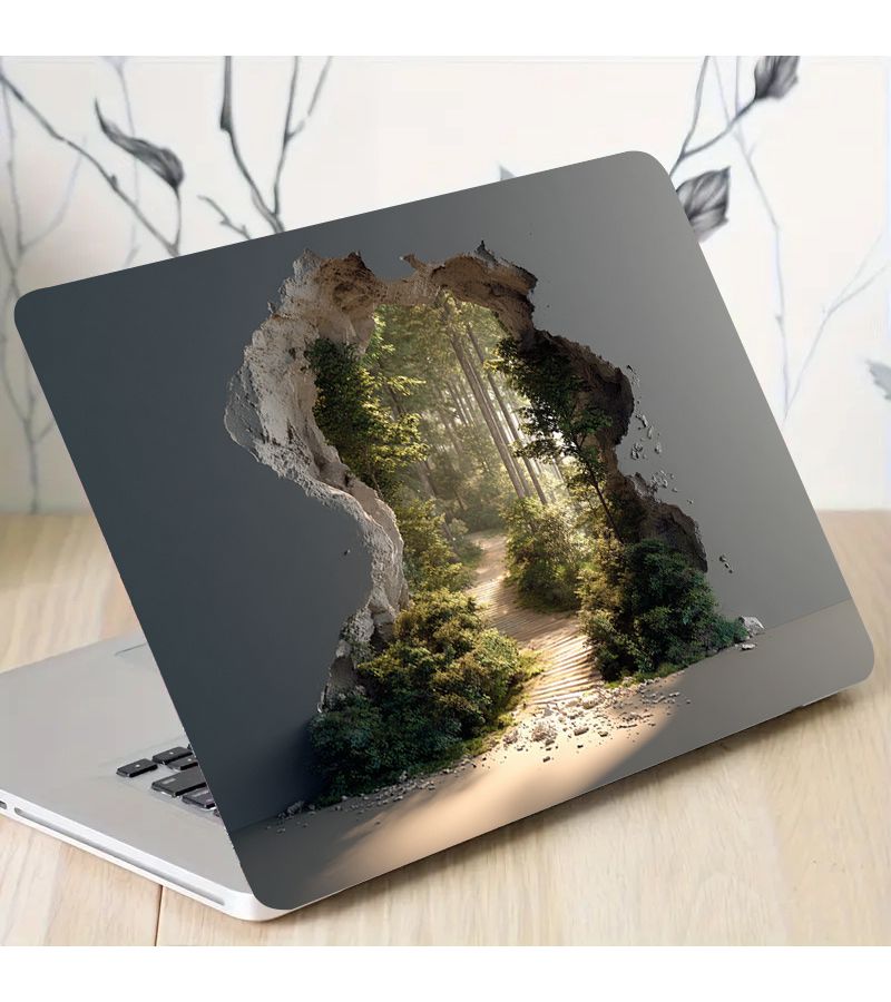 2 Pack Forest Wall Laptop Stickers PVC Anti Scratch Beige Wood Grain Green Leaves Decals 2D 3D Illusion Nature Design Suitable For Laptops Easy To Tear And Stick Protective Case For Women - Image 3