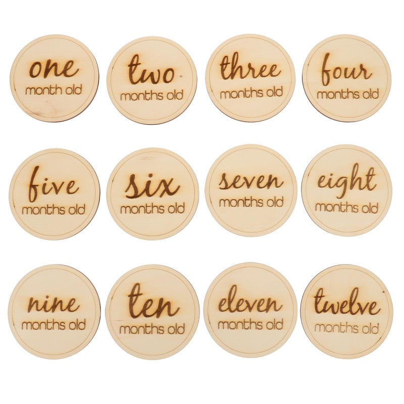 Wooden Monthly Milestone Cards Set 12pcs Newborn Photography Props Growth Memory Photo Discs - Image 2