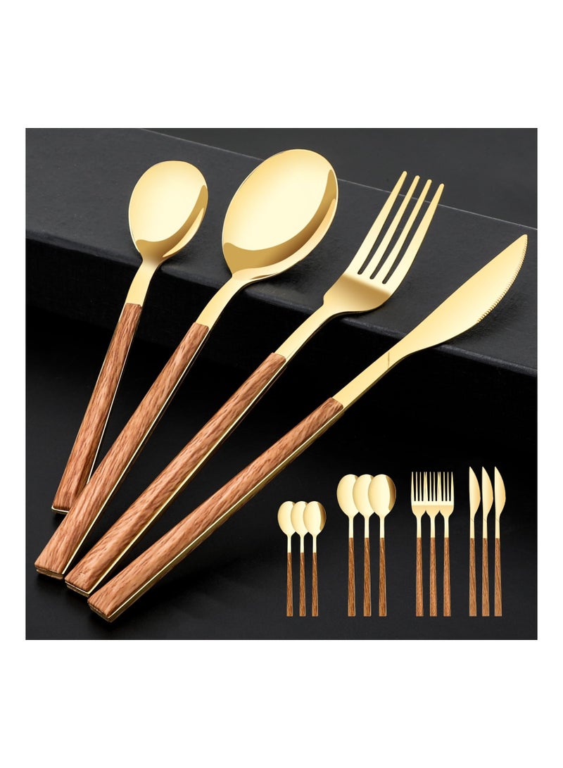 16PCS Stainless Steel Flatware, (Service for 4) Cutlery Set with Simulated Wooden Handles Stylish Cutlery  Stainless Steel Cutlery Dining Table Flatware Set  for 4, Mirror Polished and Dishwasher Safe - Image 1