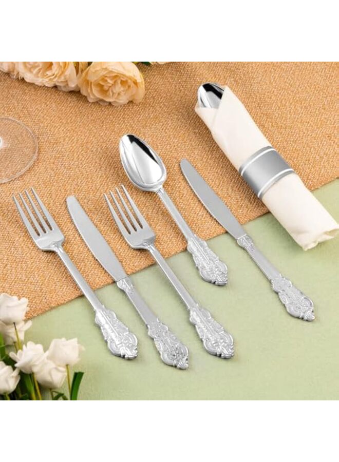 150PCS Silver Plastic Silverware for 50 Guests, Heavy Duty Silver Disposable Utensils Sets, Includes 50 Forks, 50 Spoons, 50 Knives, Elegant Cutlery Perfect for Wedding, Party - Image 4