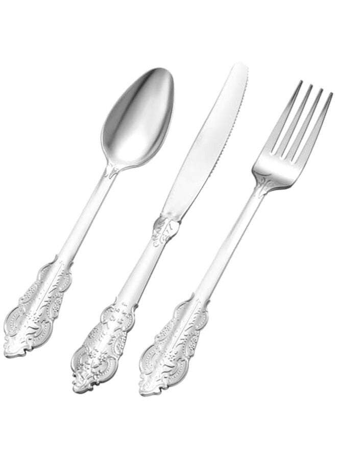 150PCS Silver Plastic Silverware for 50 Guests, Heavy Duty Silver Disposable Utensils Sets, Includes 50 Forks, 50 Spoons, 50 Knives, Elegant Cutlery Perfect for Wedding, Party - Image 1