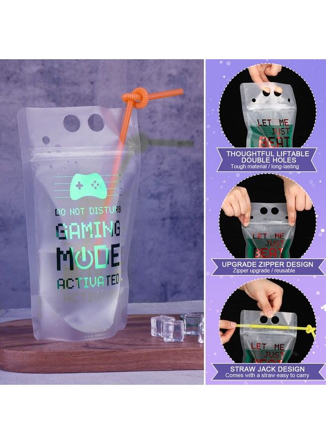 Suclain Video Game Party Favors Drink Pouch Cups With Straws Plastic Pouches Clear Zipper Bags Reusable For On Birthday Decorations Gamer Gift (48 Pcs)  - Image 4