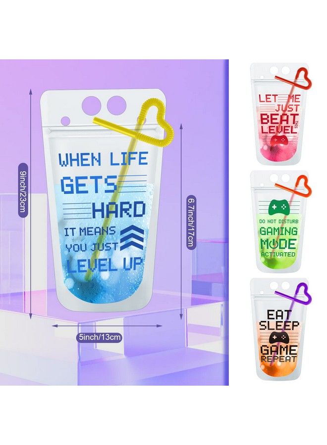 Suclain Video Game Party Favors Drink Pouch Cups With Straws Plastic Pouches Clear Zipper Bags Reusable For On Birthday Decorations Gamer Gift (48 Pcs)  - Image 3