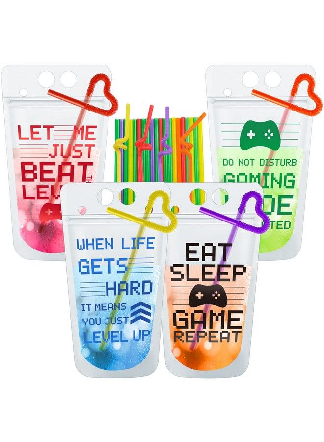 Suclain Video Game Party Favors Drink Pouch Cups With Straws Plastic Pouches Clear Zipper Bags Reusable For On Birthday Decorations Gamer Gift (48 Pcs)  - Image 2