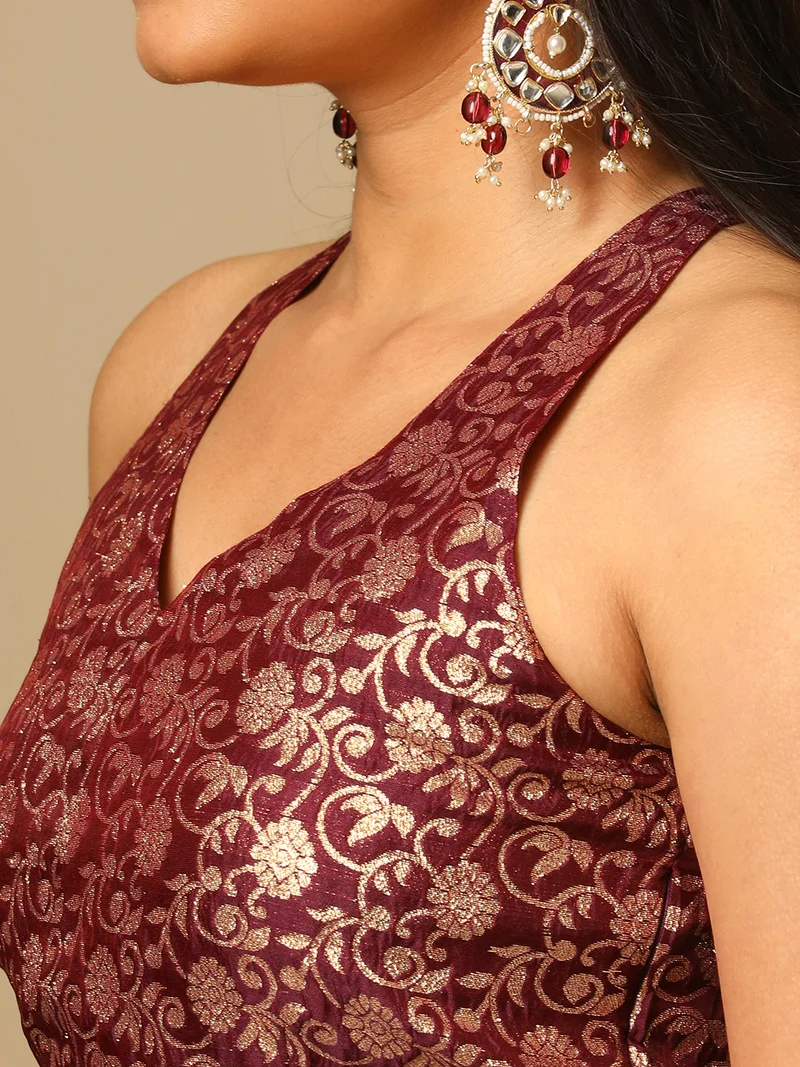 globus Women Burgundy Brocade Floral Halter Neck Back Blouse & Flared Lehenga Co-Ords Set