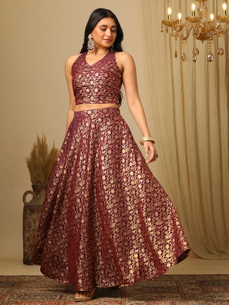 globus Women Burgundy Brocade Floral Halter Neck Back Blouse & Flared Lehenga Co-Ords Set