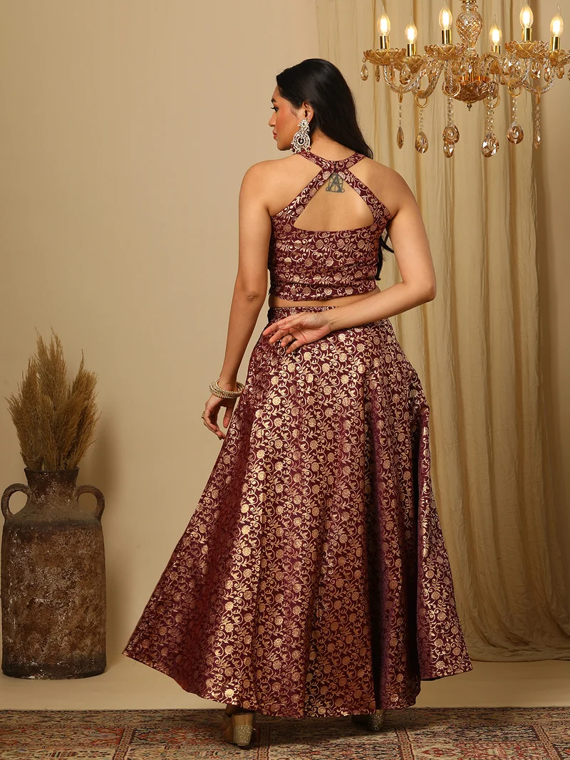 globus Women Burgundy Brocade Floral Halter Neck Back Blouse & Flared Lehenga Co-Ords Set