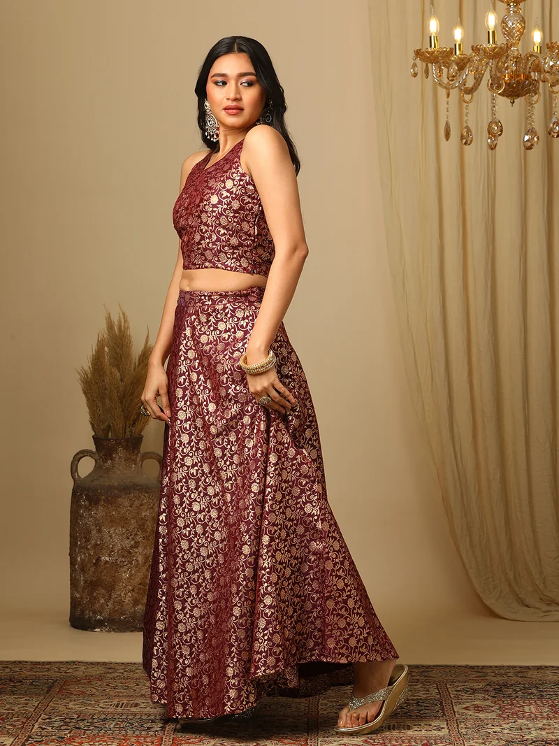 globus Women Burgundy Brocade Floral Halter Neck Back Blouse & Flared Lehenga Co-Ords Set