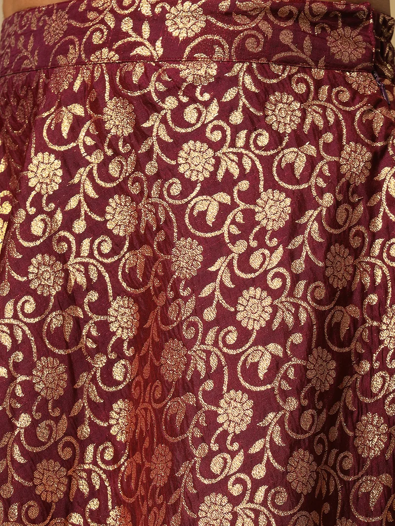 globus Women Burgundy Brocade Floral Halter Neck Back Blouse & Flared Lehenga Co-Ords Set