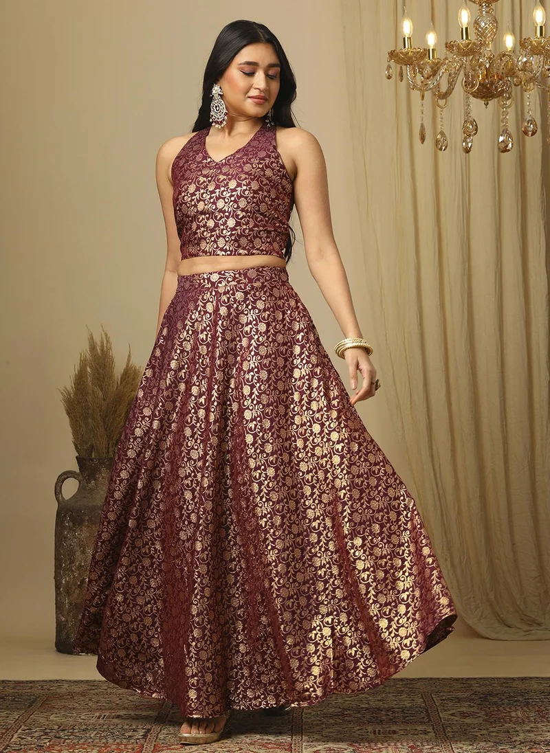 Globus Women Burgundy Brocade Floral Halter Neck Back Blouse & Flared Lehenga Co-Ords Set