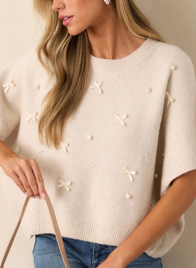 Kedera Womens Short Sleeve Bow Sweater Crewneck Cropped Pearl Top Bow Embellished Top Loose Pullover Thick Knitwear, Beige, M - Image 3