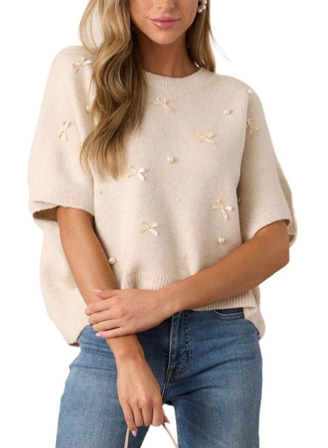 Kedera Womens Short Sleeve Bow Sweater Crewneck Cropped Pearl Top Bow Embellished Top Loose Pullover Thick Knitwear, Beige, M - Image 1
