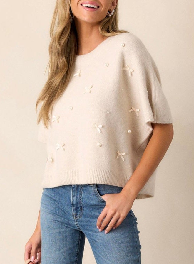 Kedera Womens Short Sleeve Bow Sweater Crewneck Cropped Pearl Top Bow Embellished Top Loose Pullover Thick Knitwear, Beige, M - Image 5